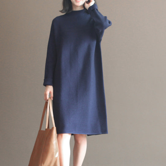 Winter Dark Blue Brief Cotton Blended Sweater Dresses Knit Dress