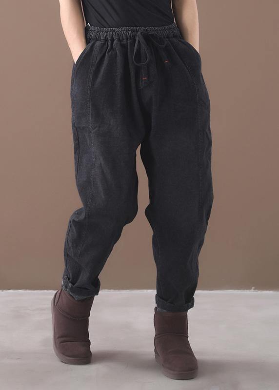 Winter New Denim Black Loose Pants Drawstring Thick Trousers