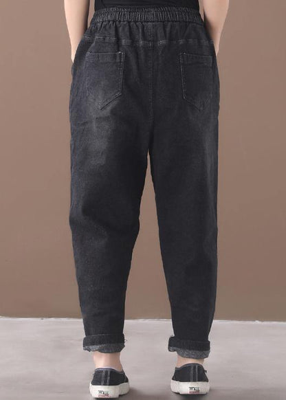 Winter New Denim Black Loose Pants Drawstring Thick Trousers