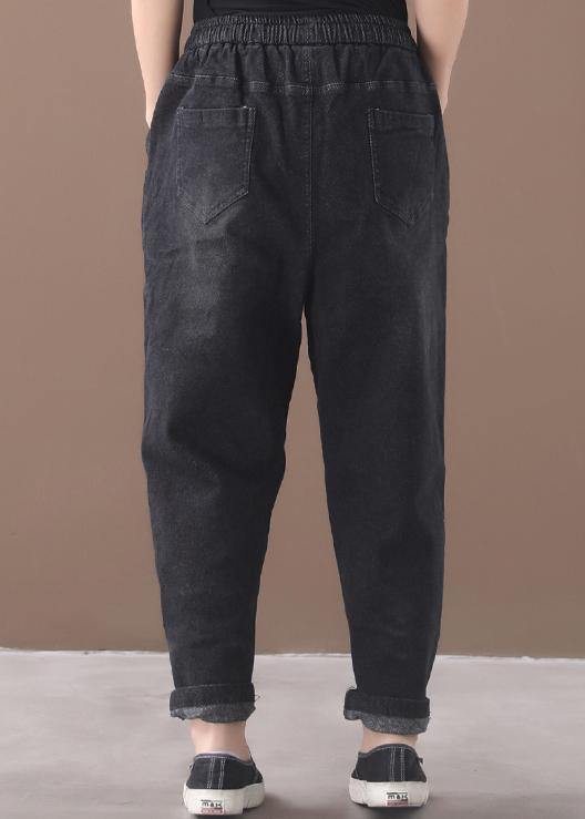 Winter New Denim Black Loose Pants Drawstring Thick Trousers