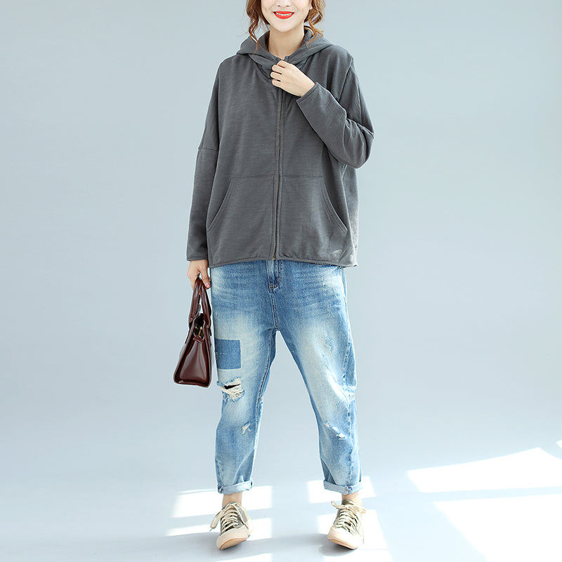 Winter New Gray Zippered Cotton Coats Hooded Short Outwear