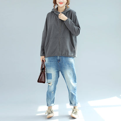 Winter New Gray Zippered Cotton Coats Hooded Short Outwear