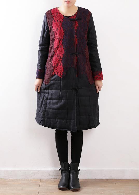 Winter New Original Design Art Disc Buckle Linen Stitching Lace Thick Padded Jacket Cotton Coat Robe