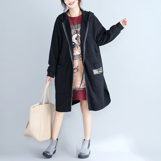 Winter Cotton Cardigans Black Hooded Prints Zippered Warm Trench Coats