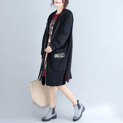 Winter Cotton Cardigans Black Hooded Prints Zippered Warm Trench Coats