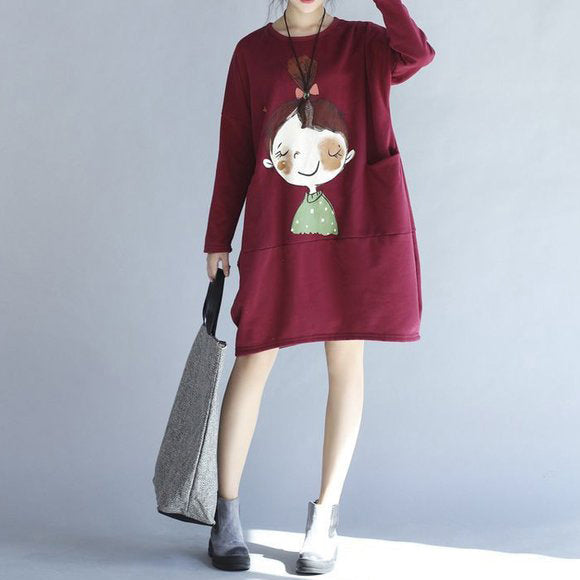 Winter Red Thick Prints Cotton Dresses Long Sleeve Shift Dress