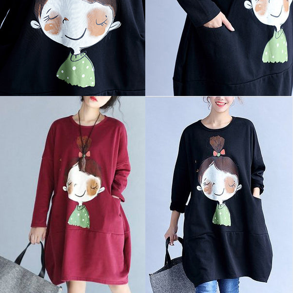 Winter Red Thick Prints Cotton Dresses Long Sleeve Shift Dress