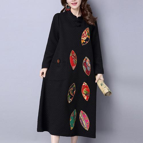 Winter Thick Black Cotton Embroidery Dresses Oversize Maxi Dress