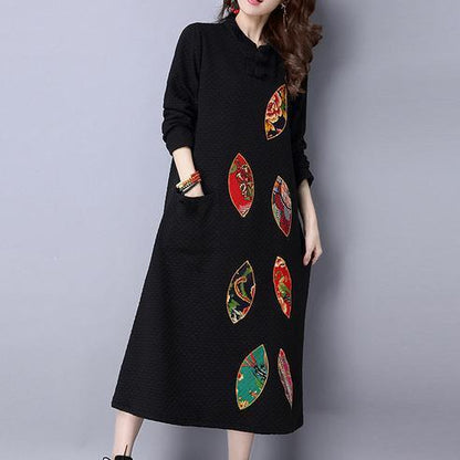 Winter Thick Black Cotton Embroidery Dresses Oversize Maxi Dress
