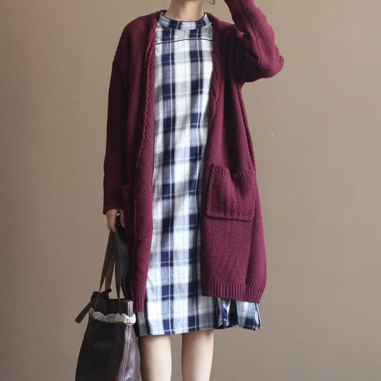 Winter Cotton Blended Sweater Cardigans Burgundy Oversize Pockets Wrap Knit Coat