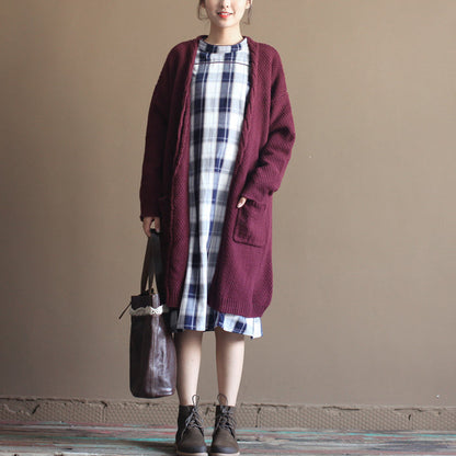 Winter Cotton Blended Sweater Cardigans Burgundy Oversize Pockets Wrap Knit Coat