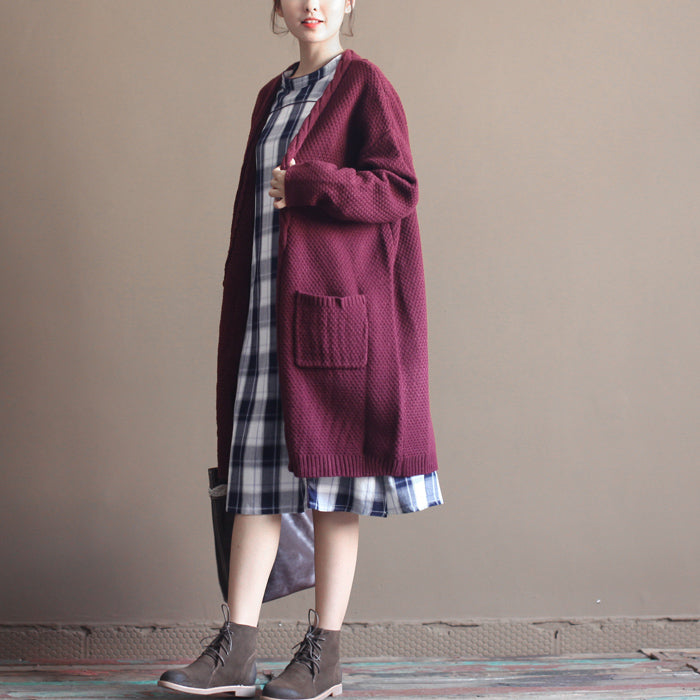 Winter Cotton Blended Sweater Cardigans Burgundy Oversize Pockets Wrap Knit Coat