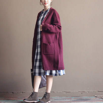 Winter Cotton Blended Sweater Cardigans Burgundy Oversize Pockets Wrap Knit Coat