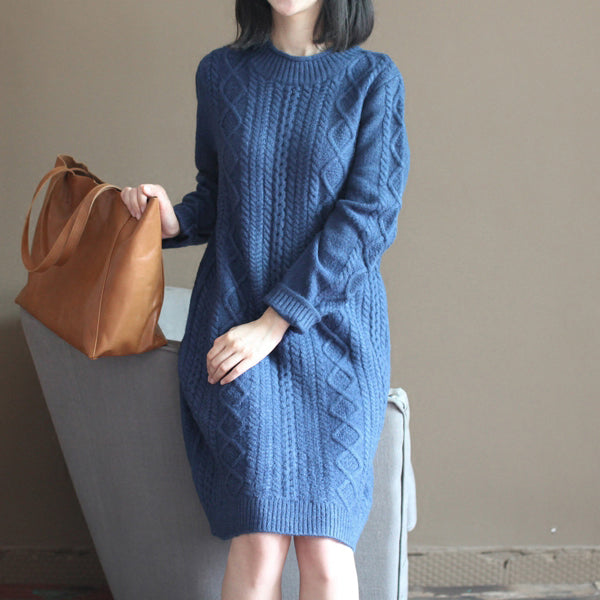 Winter Dark Blue Cotton Sweater Dresses Cable Knit Dress