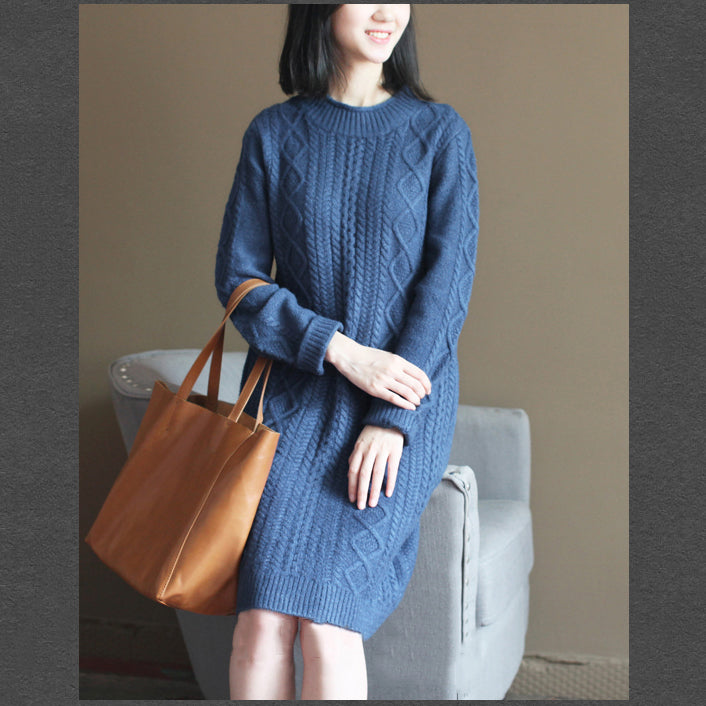 Winter Dark Blue Cotton Sweater Dresses Cable Knit Dress