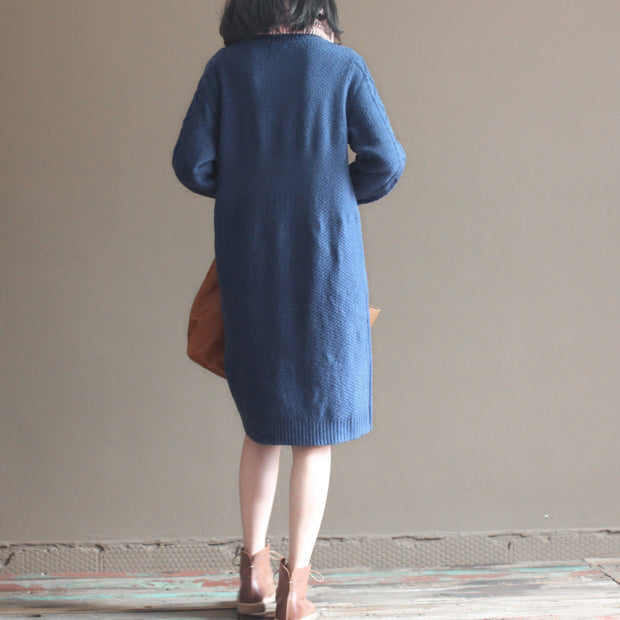 Winter Dark Blue Cotton Sweater Dresses Cable Knit Dress