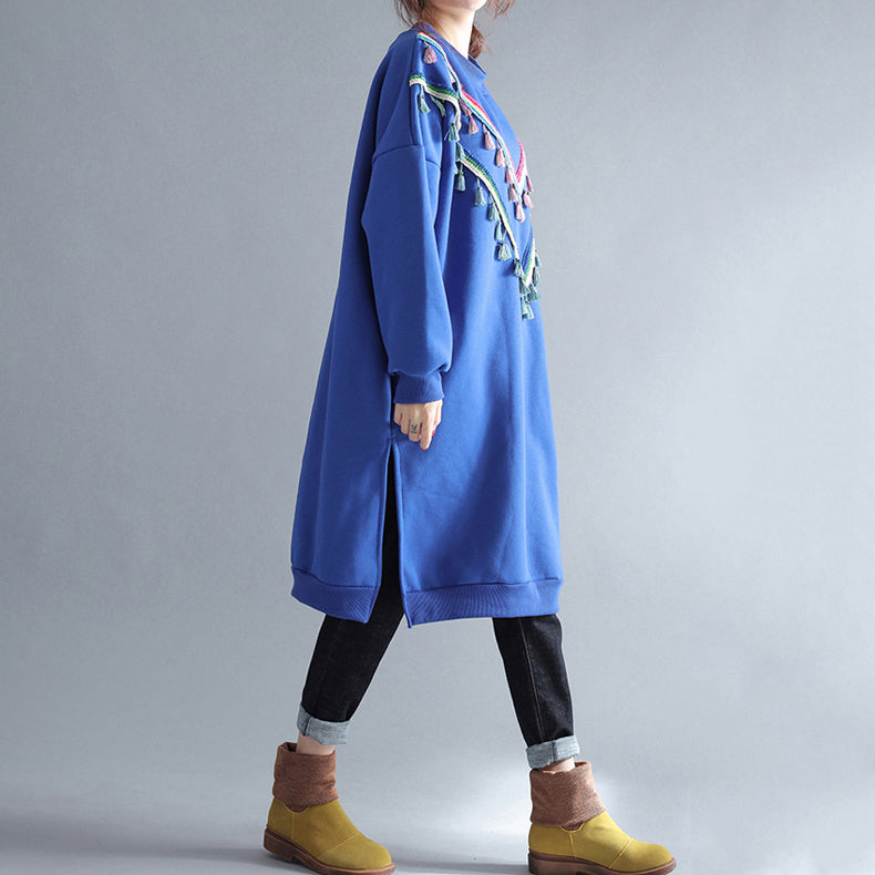 Winter Warm Blue Cotton Dresses Tassel Decorated Traveling Dress