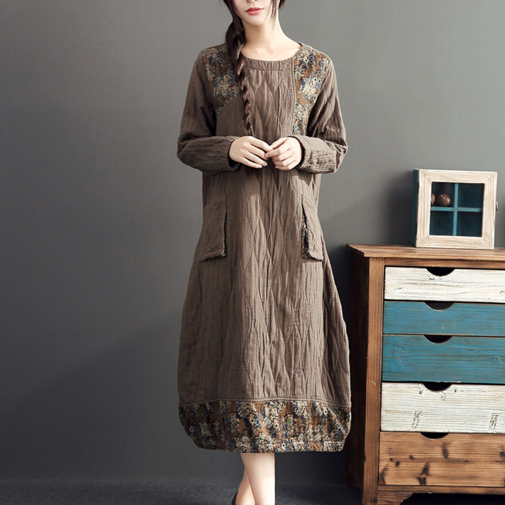Winter Warm Khaki Prints Patchwork Cotton Dresses Linen Long Sleeve Thick Dress