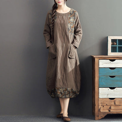 Winter Warm Khaki Prints Patchwork Cotton Dresses Linen Long Sleeve Thick Dress