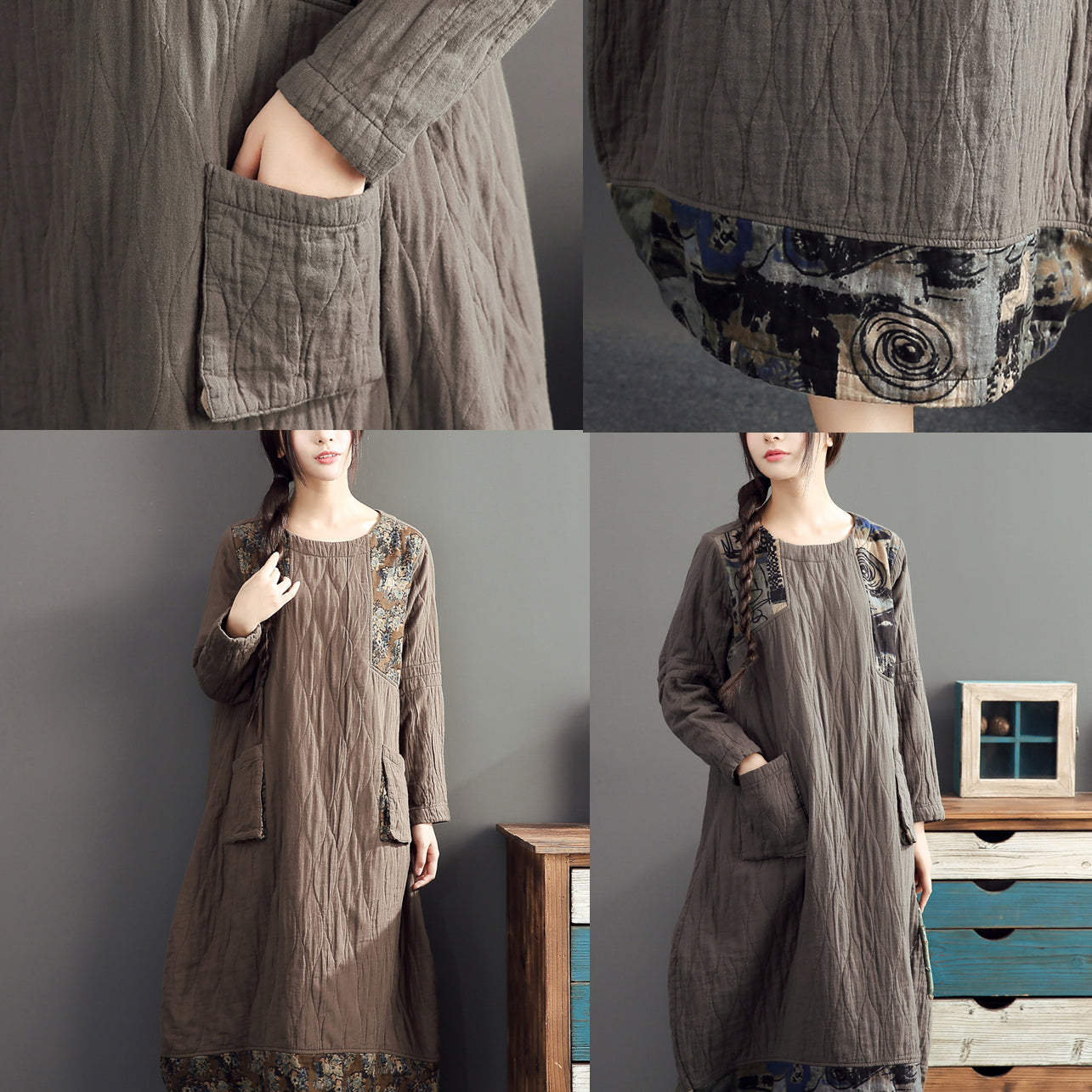 Winter Warm Khaki Prints Patchwork Cotton Dresses Linen Long Sleeve Thick Dress