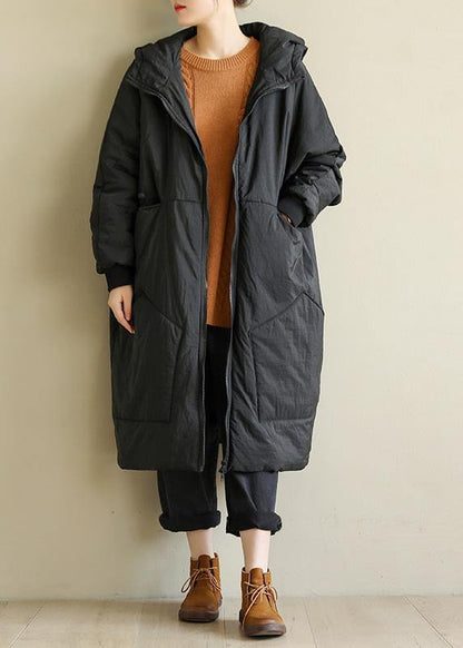 Loose Fitting Down Jacket Big Pockets Winter Coats Black Hooded Winter Parkas