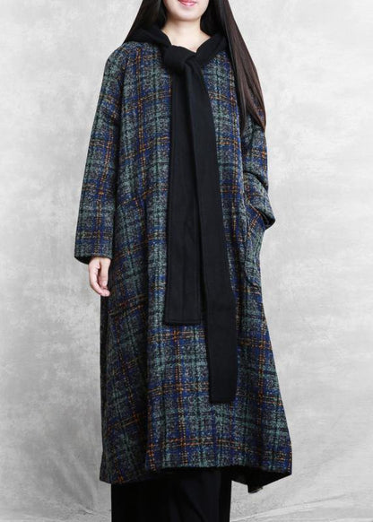 Loose Fitting Long Coats Blue Plaid Hooded Patchwork Woolen Coats