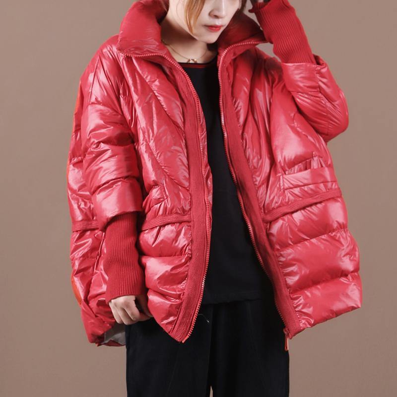 Loose Fitting Snow Jackets Coats Red Stand Collar Patchwork Down Coat Winter