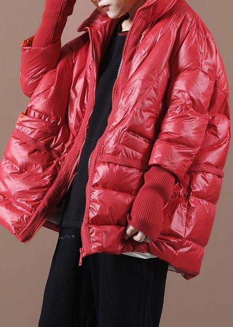 Loose Fitting Snow Jackets Coats Red Stand Collar Patchwork Down Coat Winter