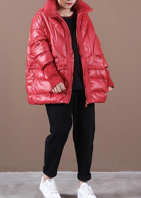 Loose Fitting Snow Jackets Coats Red Stand Collar Patchwork Down Coat Winter