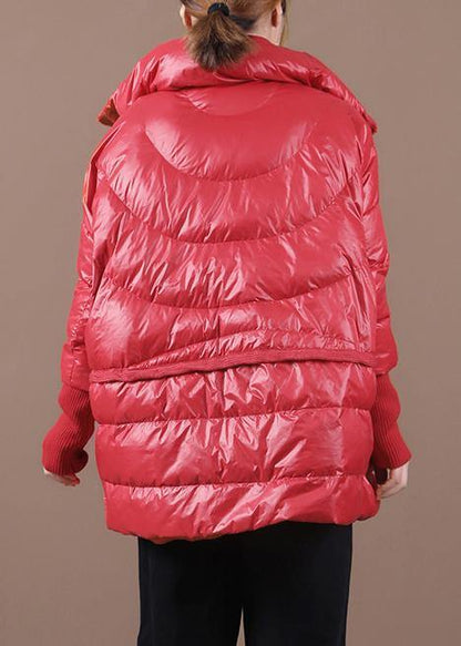 Loose Fitting Snow Jackets Coats Red Stand Collar Patchwork Down Coat Winter