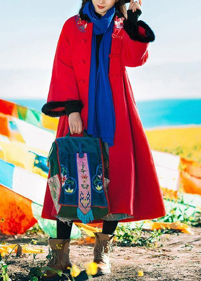 Loose Fitting Snow Jackets Embroidery Coats Red Faux Fur Collar Coat
