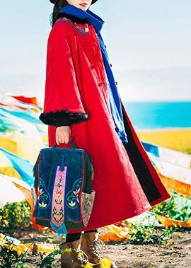 Loose Fitting Snow Jackets Embroidery Coats Red Faux Fur Collar Coat