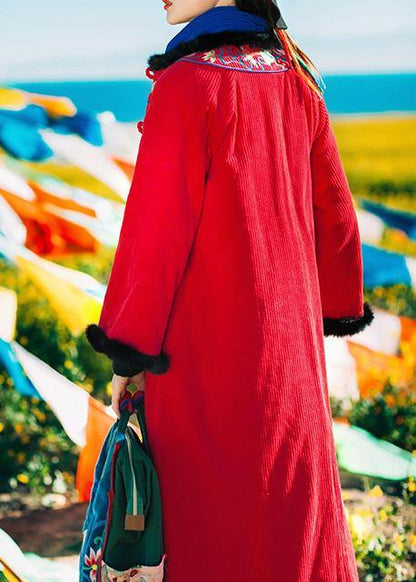 Loose Fitting Snow Jackets Embroidery Coats Red Faux Fur Collar Coat