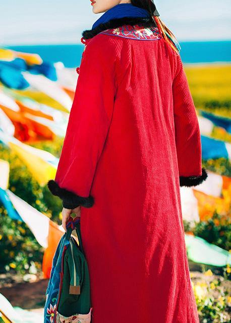 Loose Fitting Snow Jackets Embroidery Coats Red Faux Fur Collar Coat