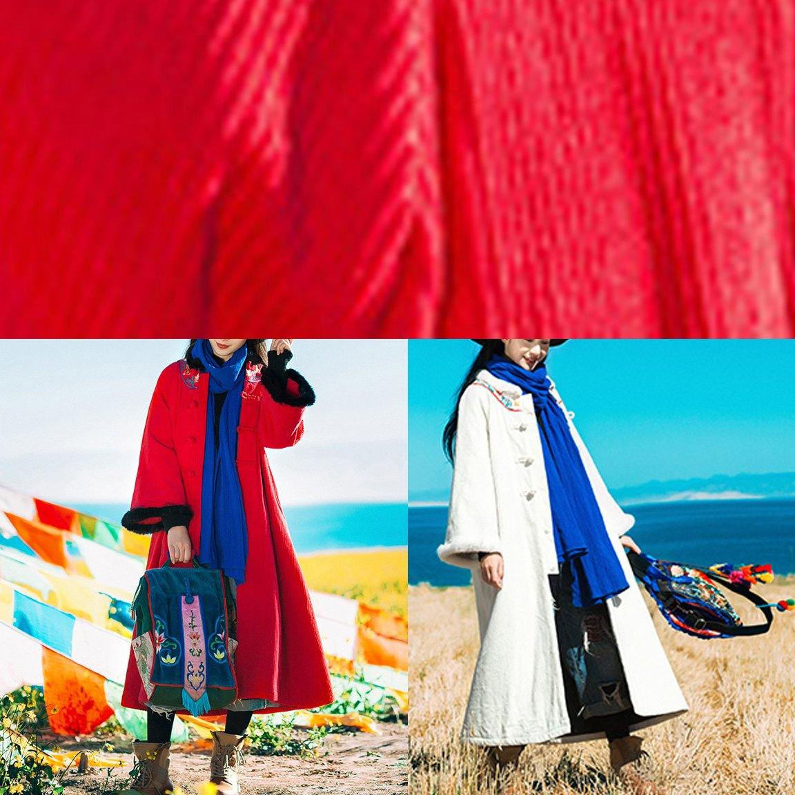 Loose Fitting Snow Jackets Embroidery Coats Red Faux Fur Collar Coat