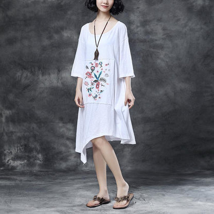 Midi-length Cotton Dress Loose Round Neck Embroidered Irregular Cotton Dress