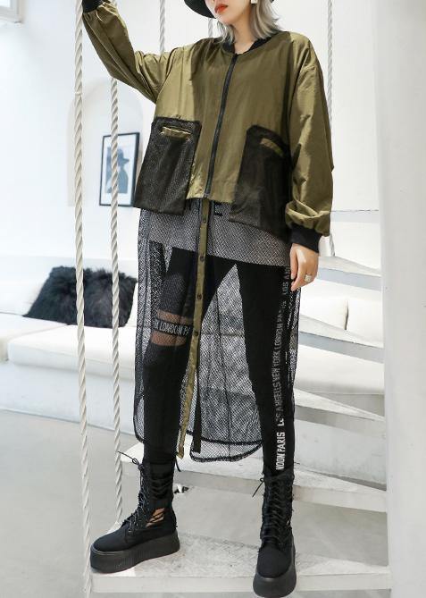Army Green Coats Loose Pockets Patchwork Coat