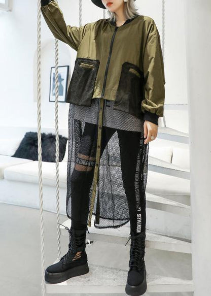 Army Green Coats Loose Pockets Patchwork Coat