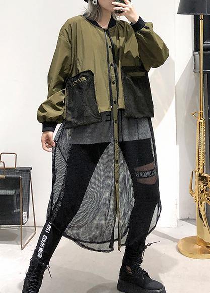 Army Green Coats Loose Pockets Patchwork Coat