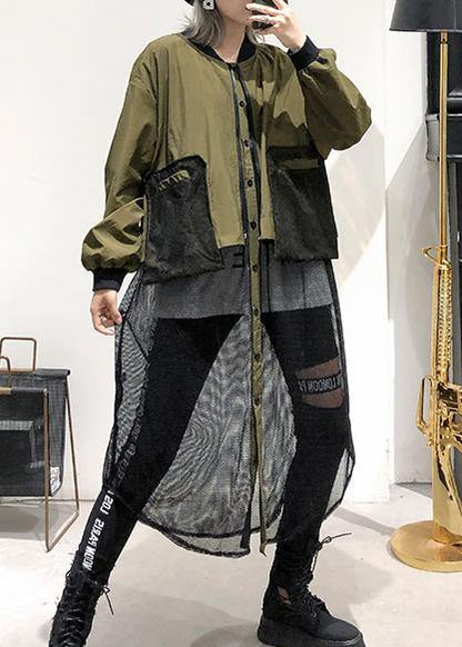 Army Green Coats Loose Pockets Patchwork Coat