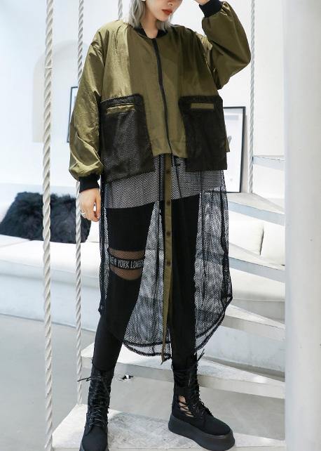 Army Green Coats Loose Pockets Patchwork Coat