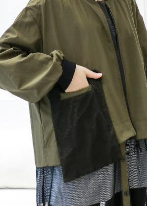 Army Green Coats Loose Pockets Patchwork Coat