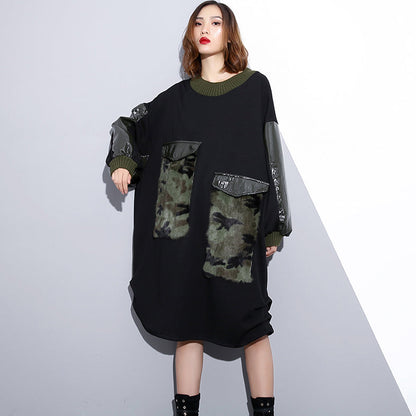 Black Loose Fitting Fall Dresses Patchwork Fine O Neck Cotton Dress