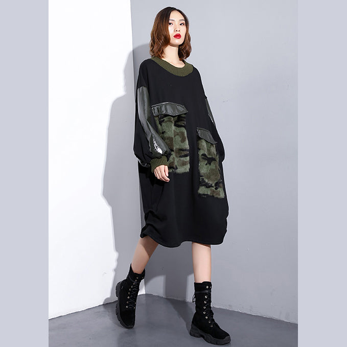 Black Loose Fitting Fall Dresses Patchwork Fine O Neck Cotton Dress