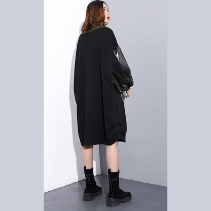 Black Loose Fitting Fall Dresses Patchwork Fine O Neck Cotton Dress