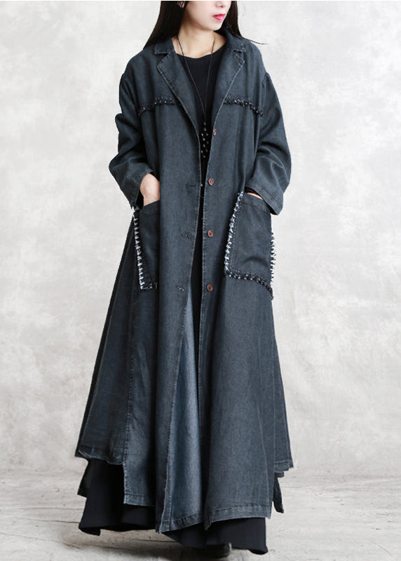 Black Winter Coat Oversized Notched Pockets Long Sleeve Denim Patchwork Long Coats