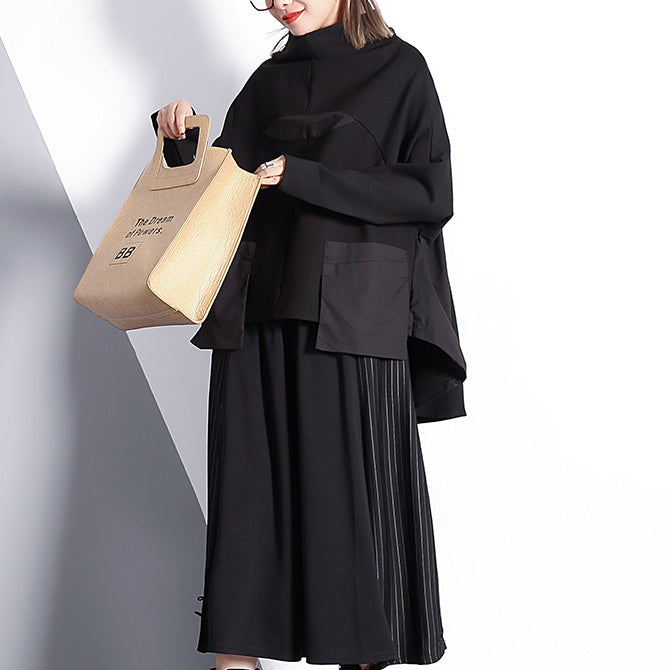 Black Cotton Blended Blouse Turtleneck Pockets Batwing Sleeve Patchwork Cotton Blended T Shirt