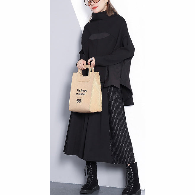 Black Cotton Blended Blouse Turtleneck Pockets Batwing Sleeve Patchwork Cotton Blended T Shirt