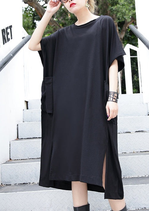 Black Cotton Dress Clothing Big Pockets Cotton Gown Side Open Kaftans