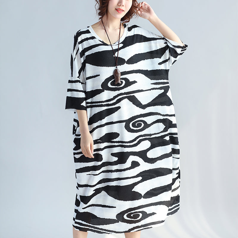 Black Cotton Knee Dress Dress New Short Sleeve Asymmetric Striped Cotton Dresses